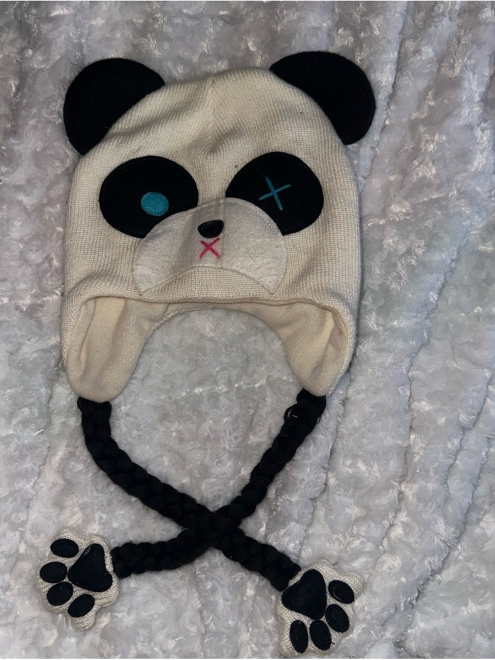Hot Topic Cream and Black Panda Earflap Hat